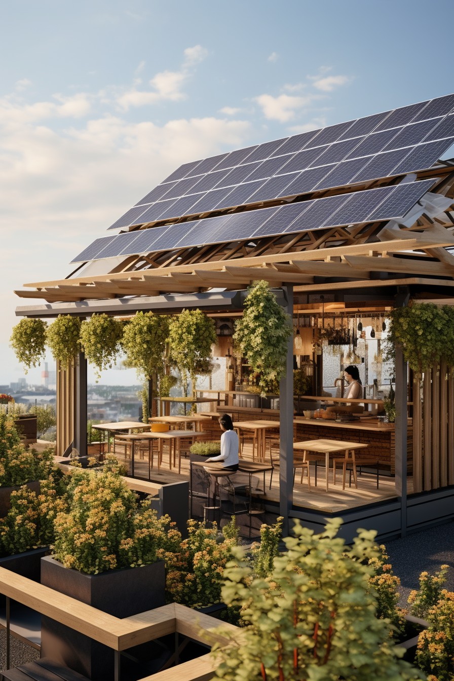solar panel equipped trellis for roof top cafes